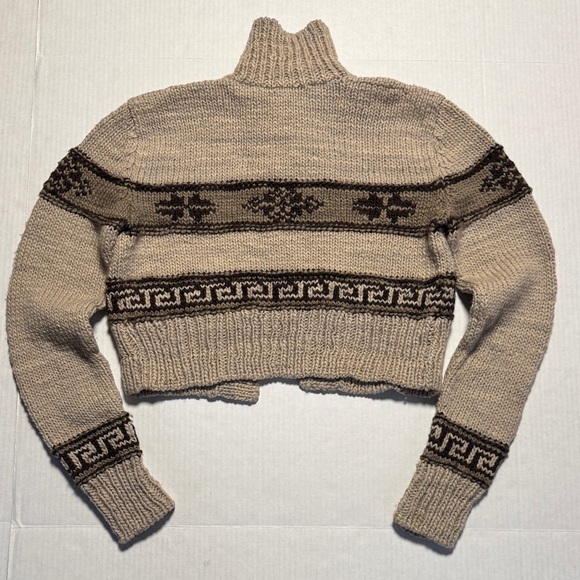 PERUVIAN CONNECTION Cropped Shawl Collar Sweater Beige Brown Aztec Pattern SM - Picture 7 of 10
